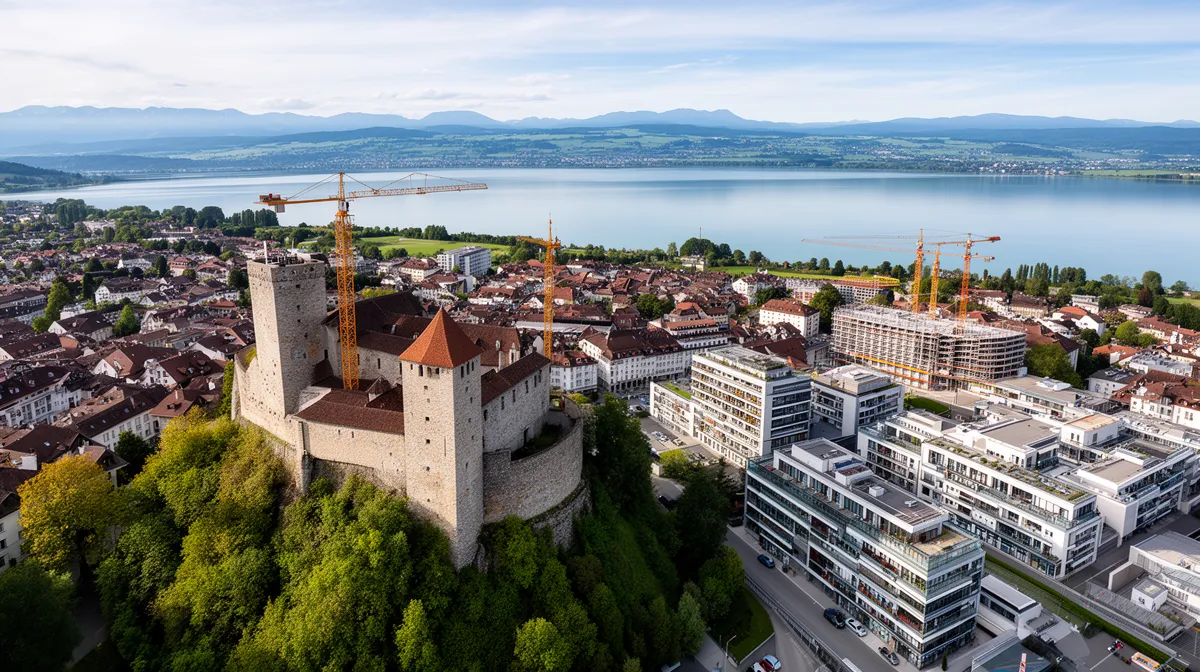 Panorama de la ville de Lucerne, Suisse, avec son château médiéval et ses gratte-ciel modernes.