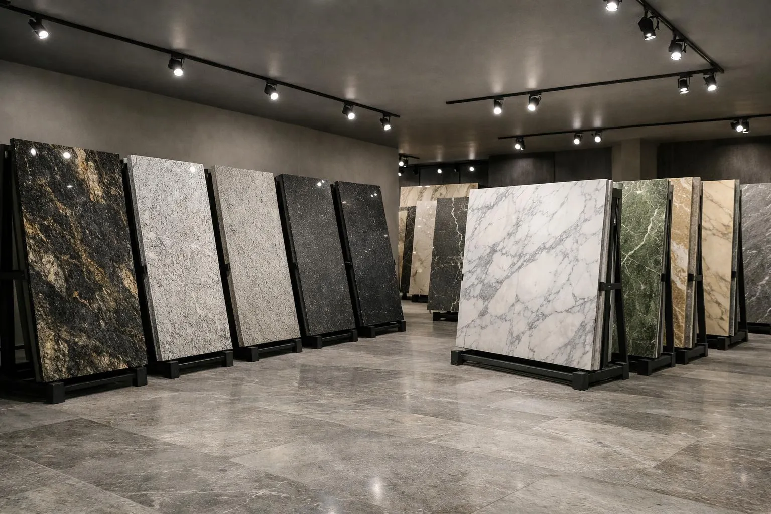 Exposition de carreaux de marbre et de granit dans un showroom.