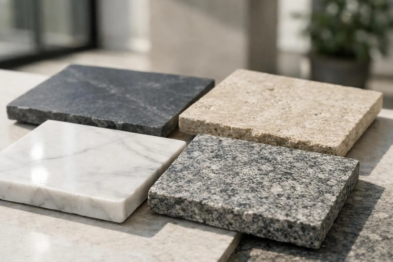Échantillons de différents types de pierres et de marbre.