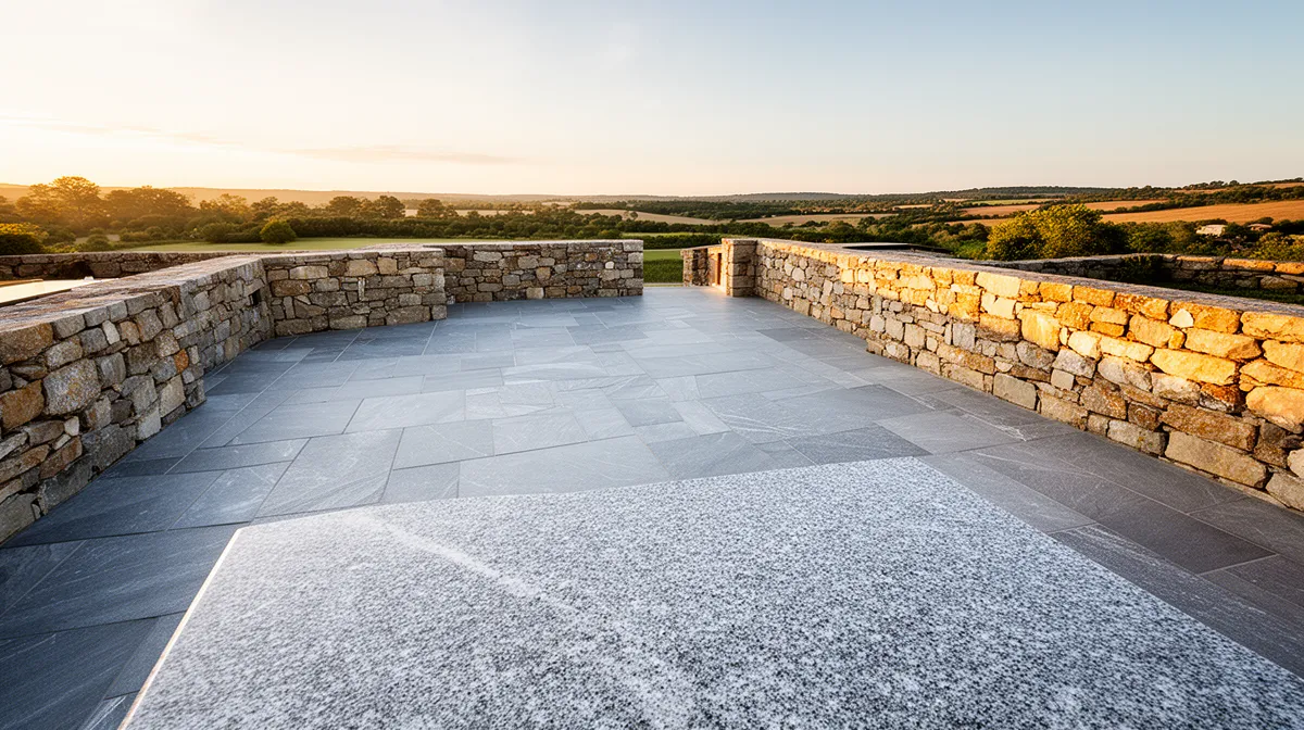 Terrasse en pierre avec vue panoramique sur la campagne.