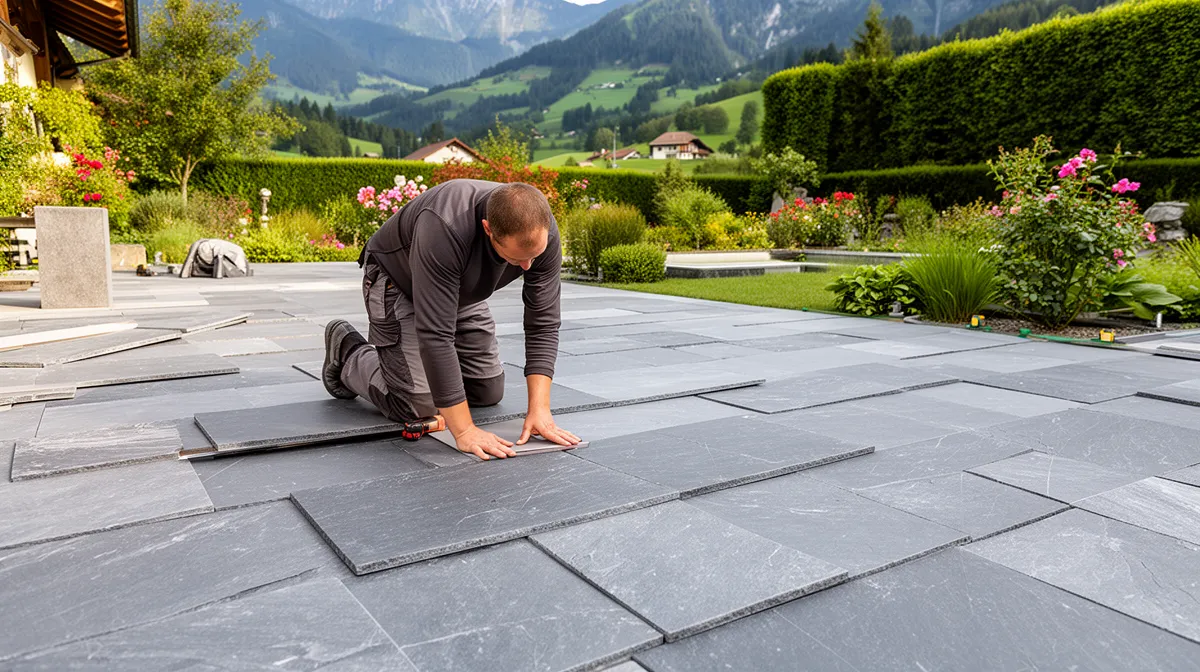 Homme installant des dalles de pierre dans un jardin montagneux.