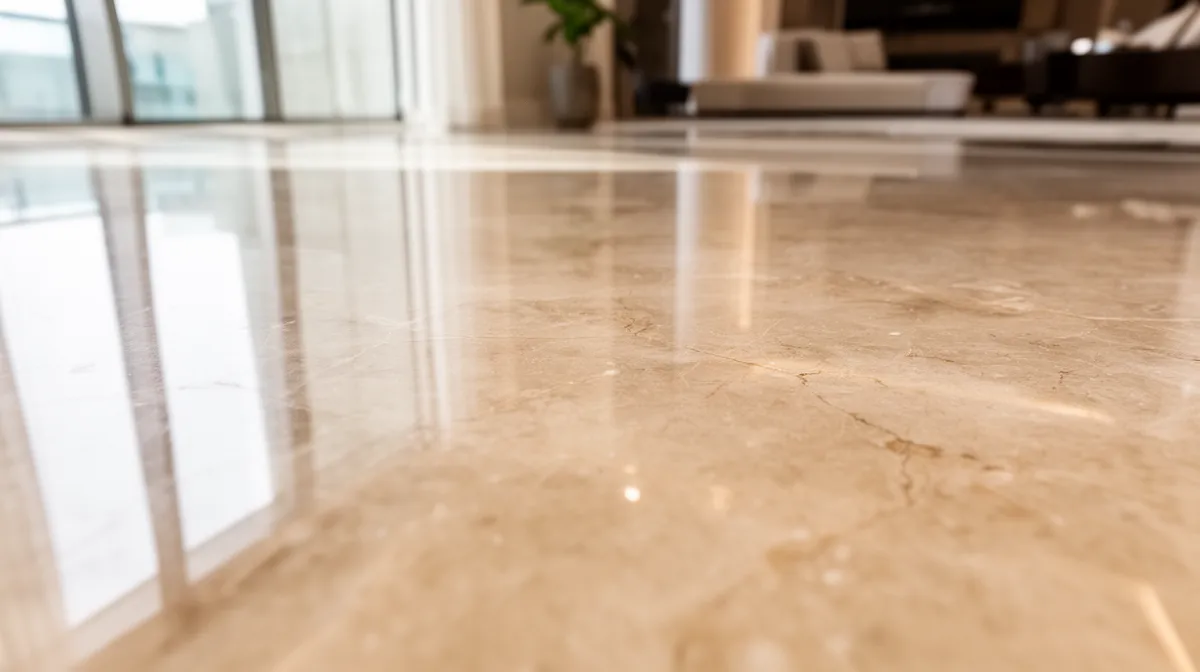 Sol en marbre beige brillant avec reflets.