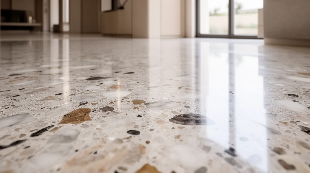 Carrelage de sol en terrazzo brillant et réfléchissant.
