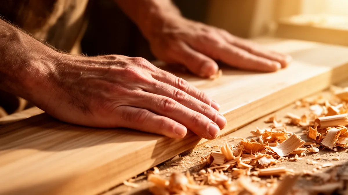 Mains calleuses travaillant le bois avec des copeaux épars.