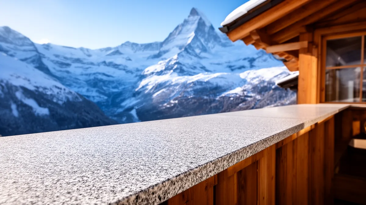 Chalet en bois avec vue panoramique sur les montagnes enneigées.