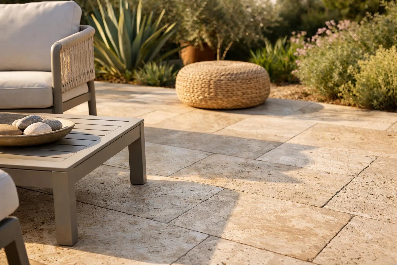 Terrasse extérieure avec mobilier de jardin et plantes verdoyantes.