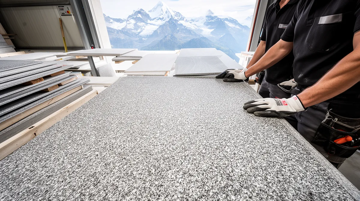 Atelier de fabrication de matériaux de construction avec vue sur les montagnes.