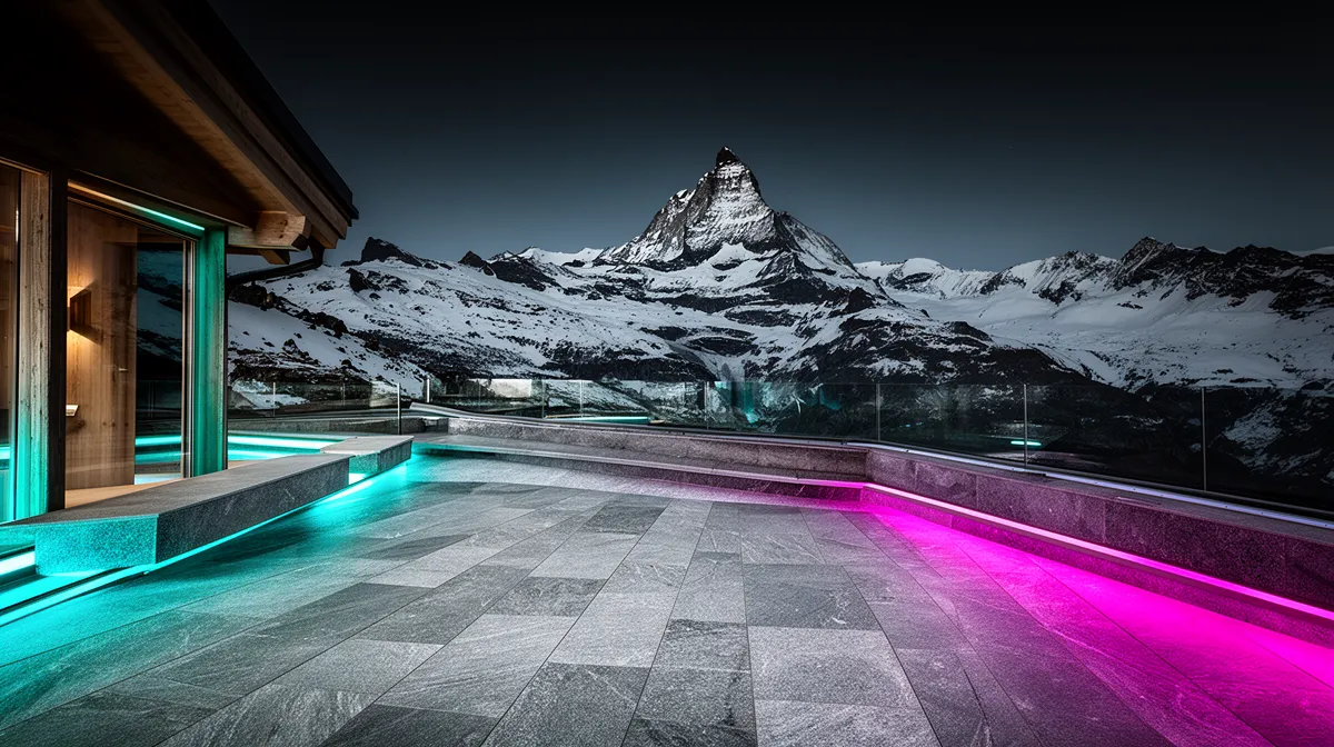 Piscine extérieure avec vue panoramique sur le Cervin enneigé.
