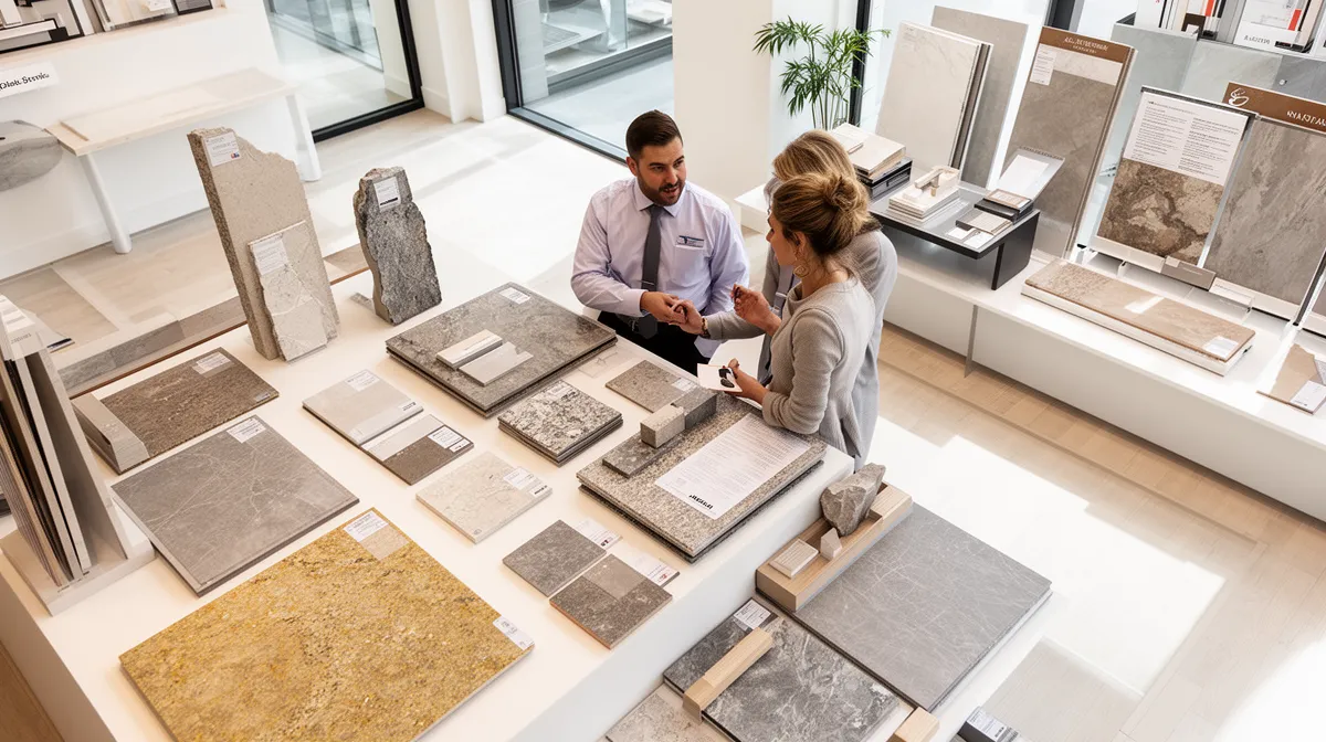 Deux personnes discutant de différents échantillons de matériaux de construction dans un showroom.