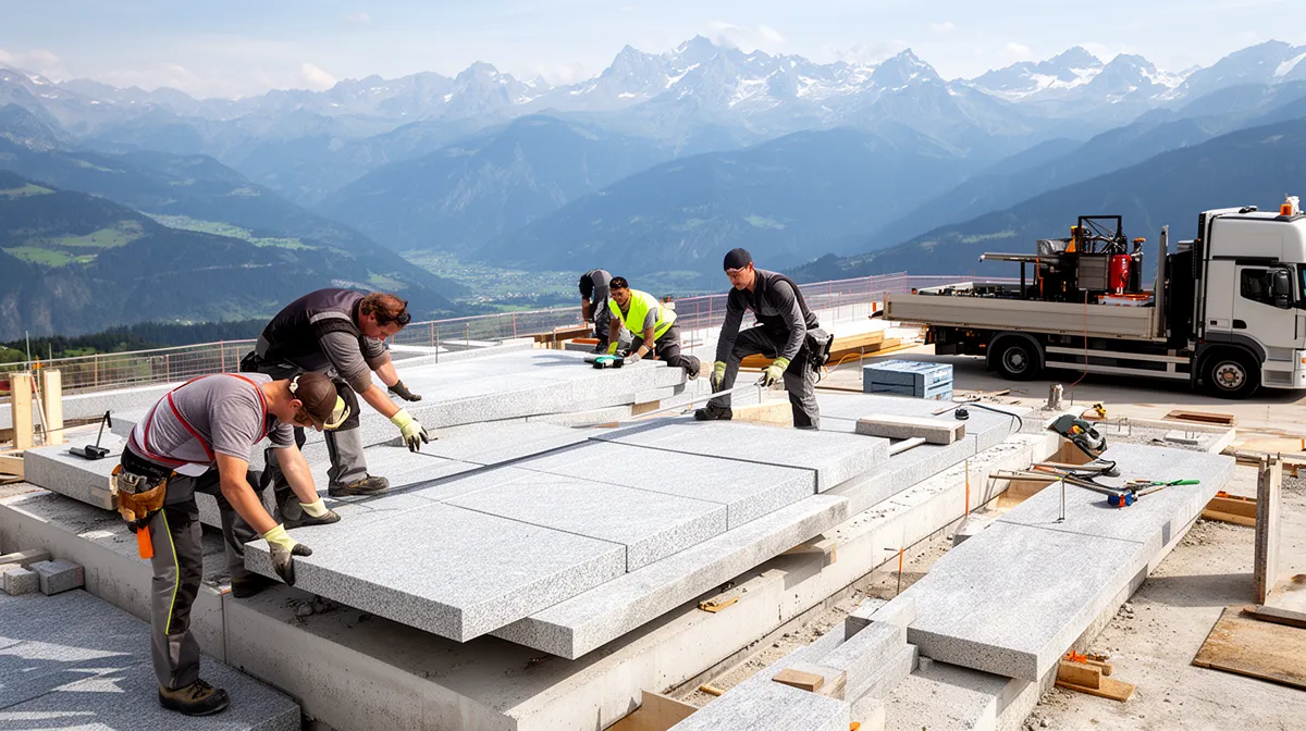 Travailleurs construisant une terrasse en pierre sur une montagne enneigée.