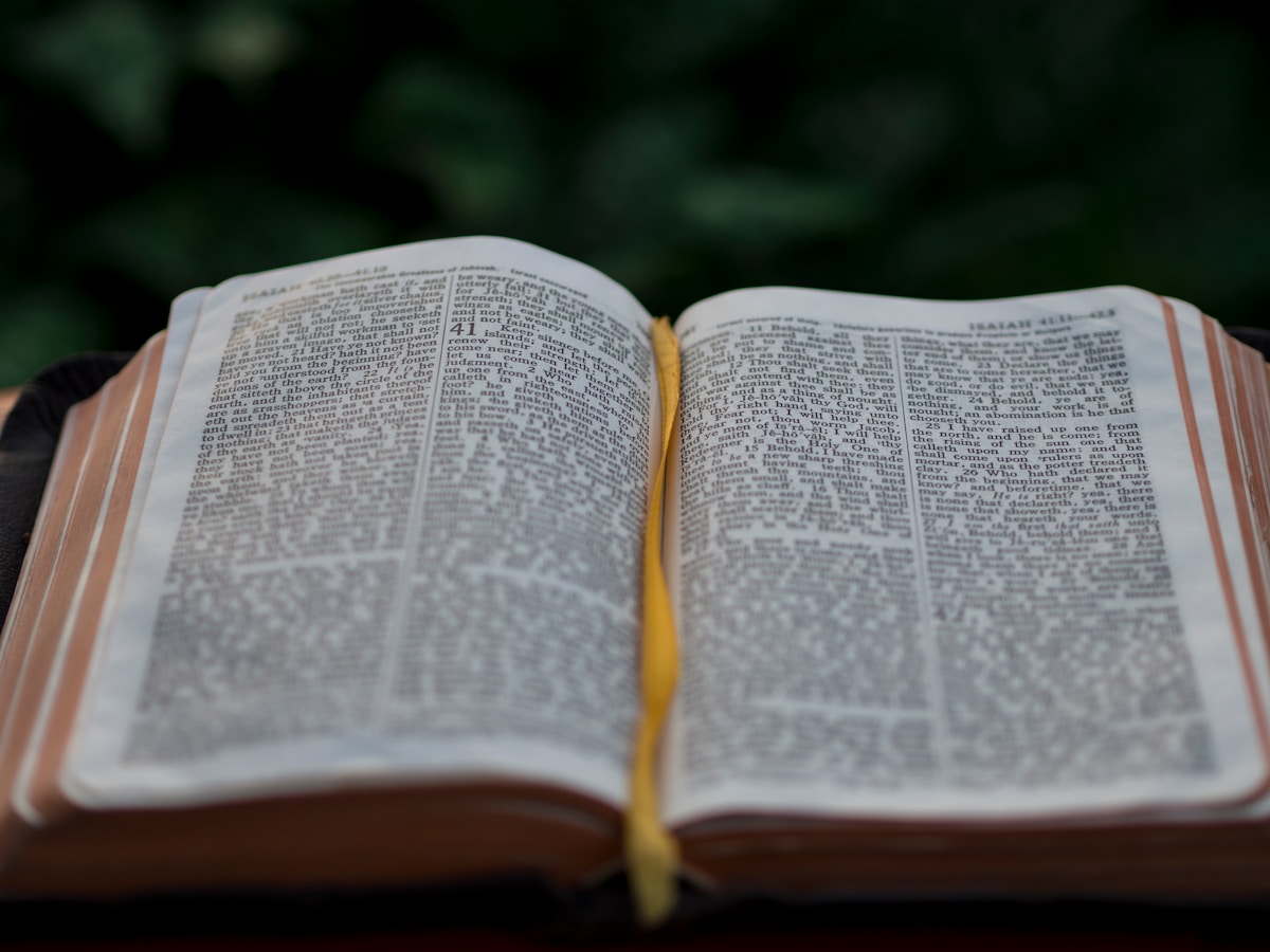 Livre ouvert avec des pages remplies de texte sur un fond sombre.