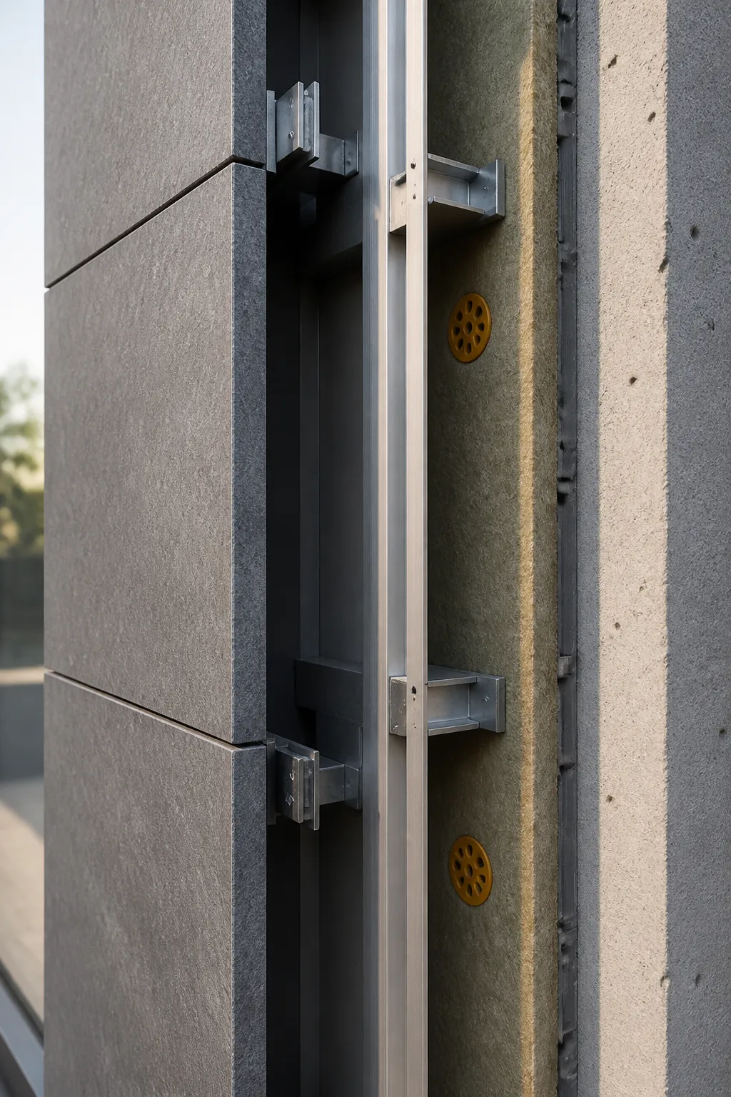 Détails d'un mur en béton avec des éléments métalliques.