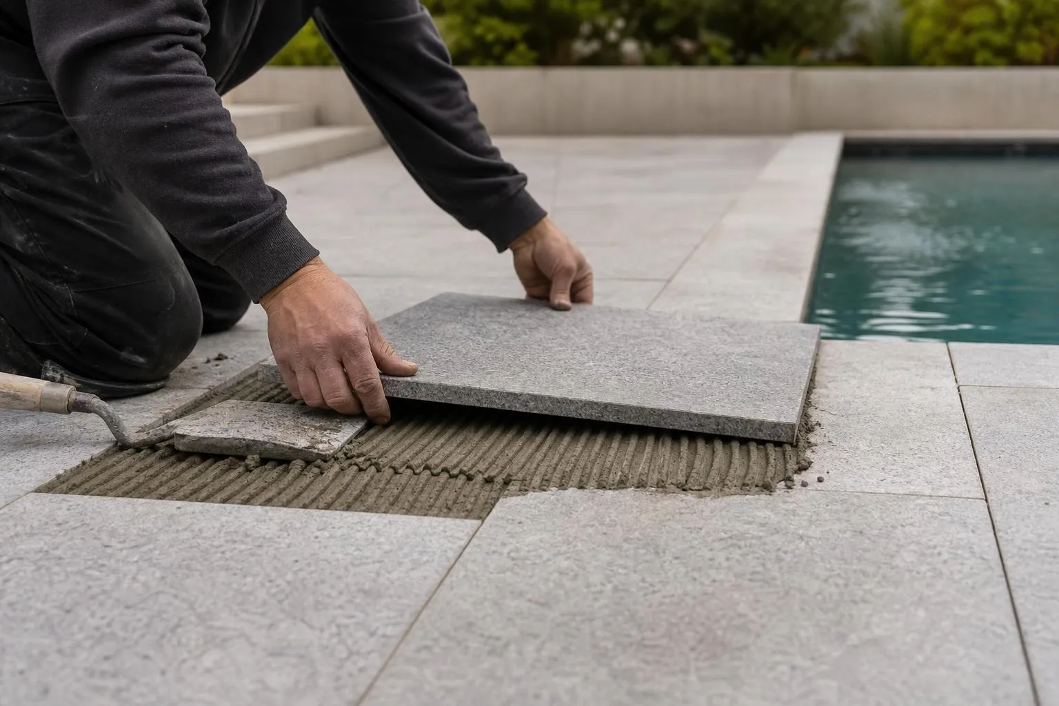 Pose de carrelage gris autour d'une piscine.