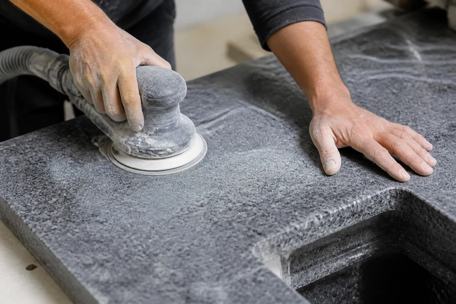 Travail de polissage de surface en pierre grise.