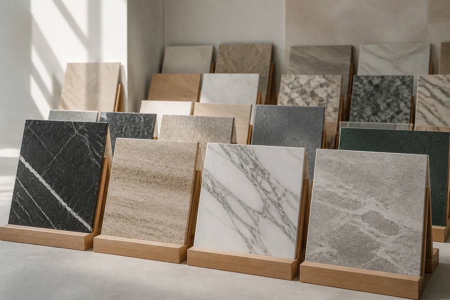 Échantillons de carrelage en pierre et en marbre sur présentoirs en bois.