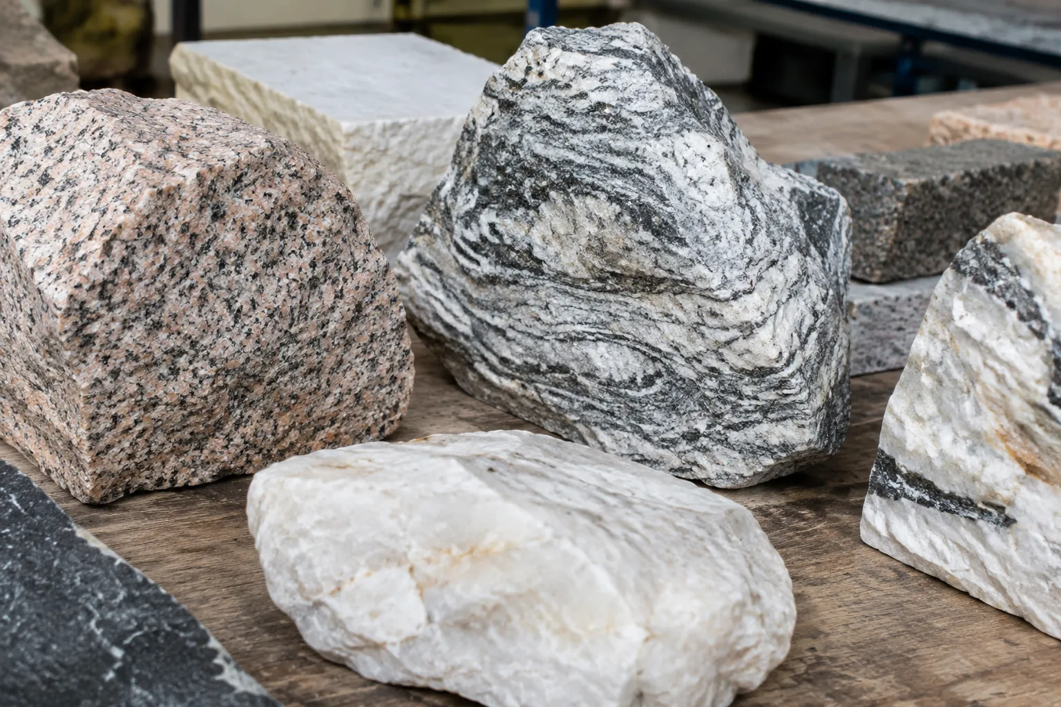 Roches de granit et de marbre de différentes formes et textures.