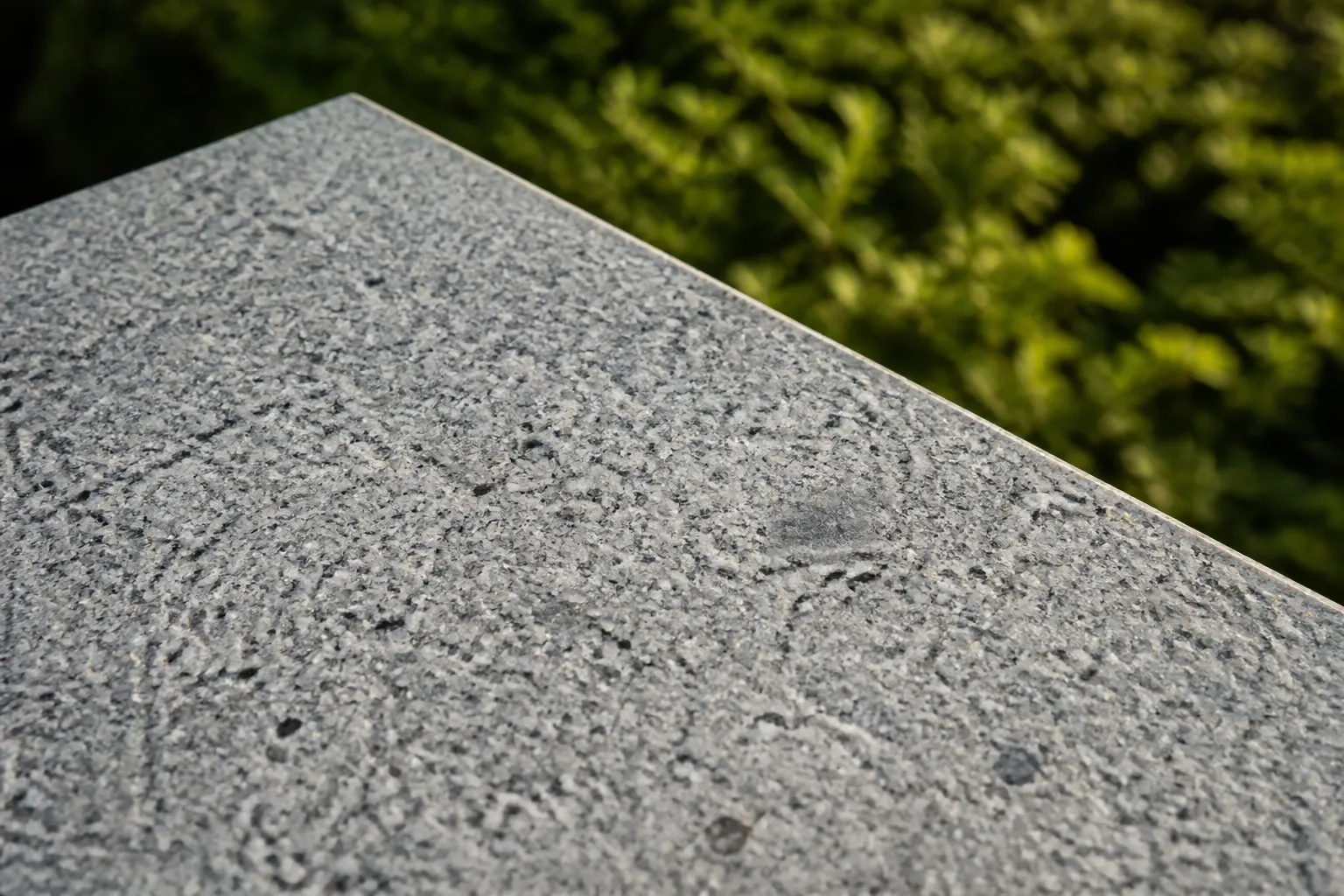 Bloc de granit gris texturé sur fond de verdure.