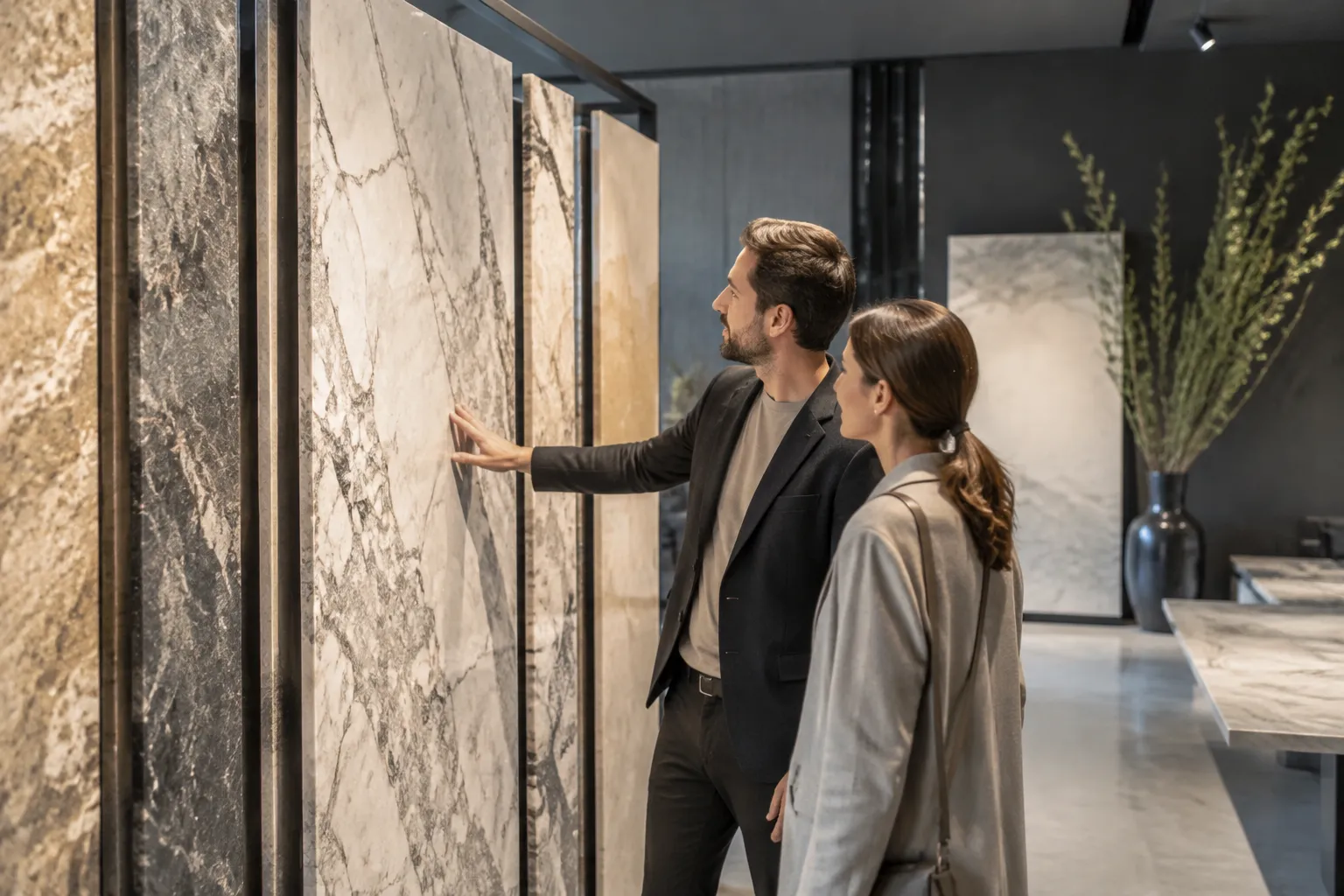 Couple examinant des panneaux de marbre dans un showroom.