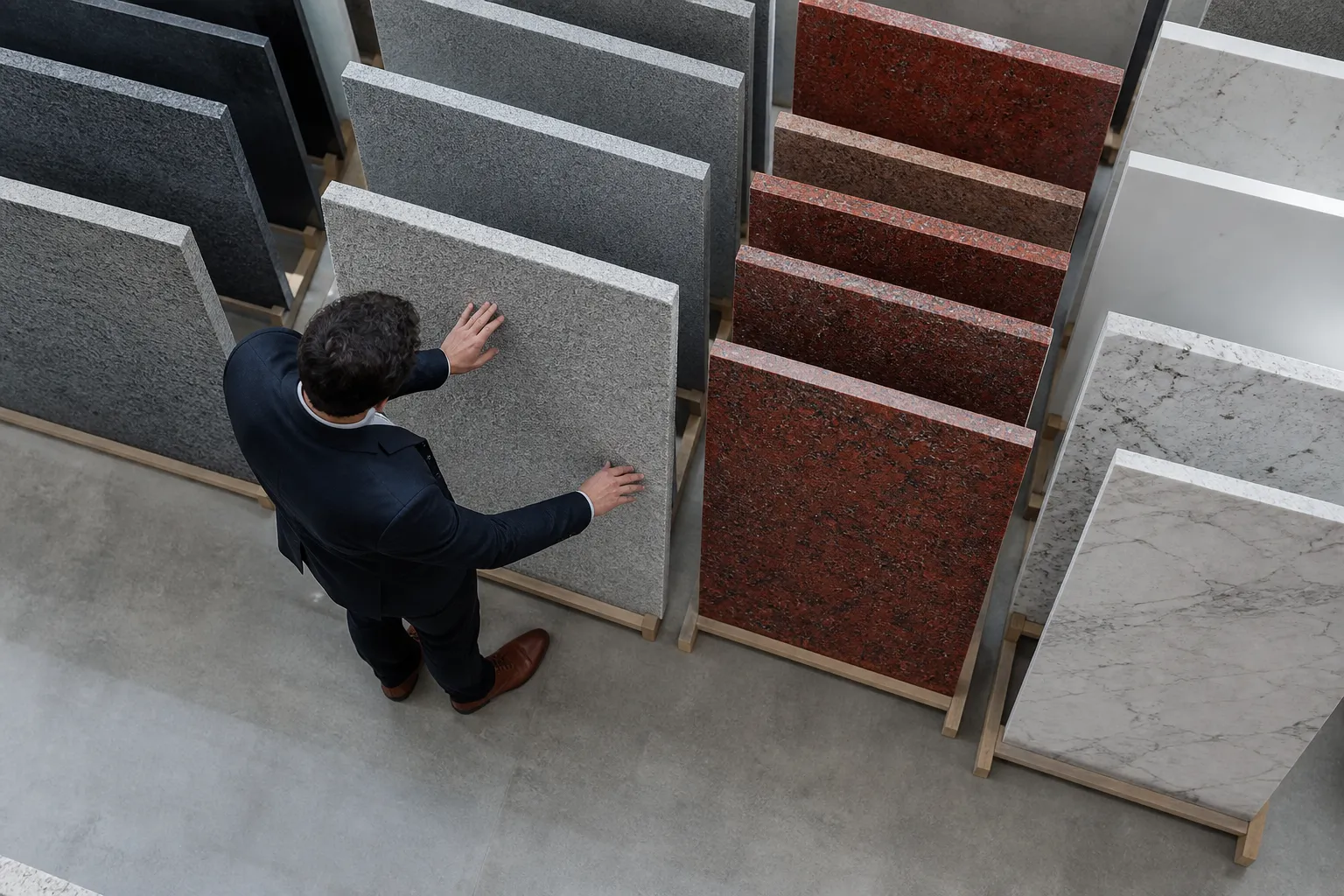 Homme en costume examinant des échantillons de carrelage dans un showroom.