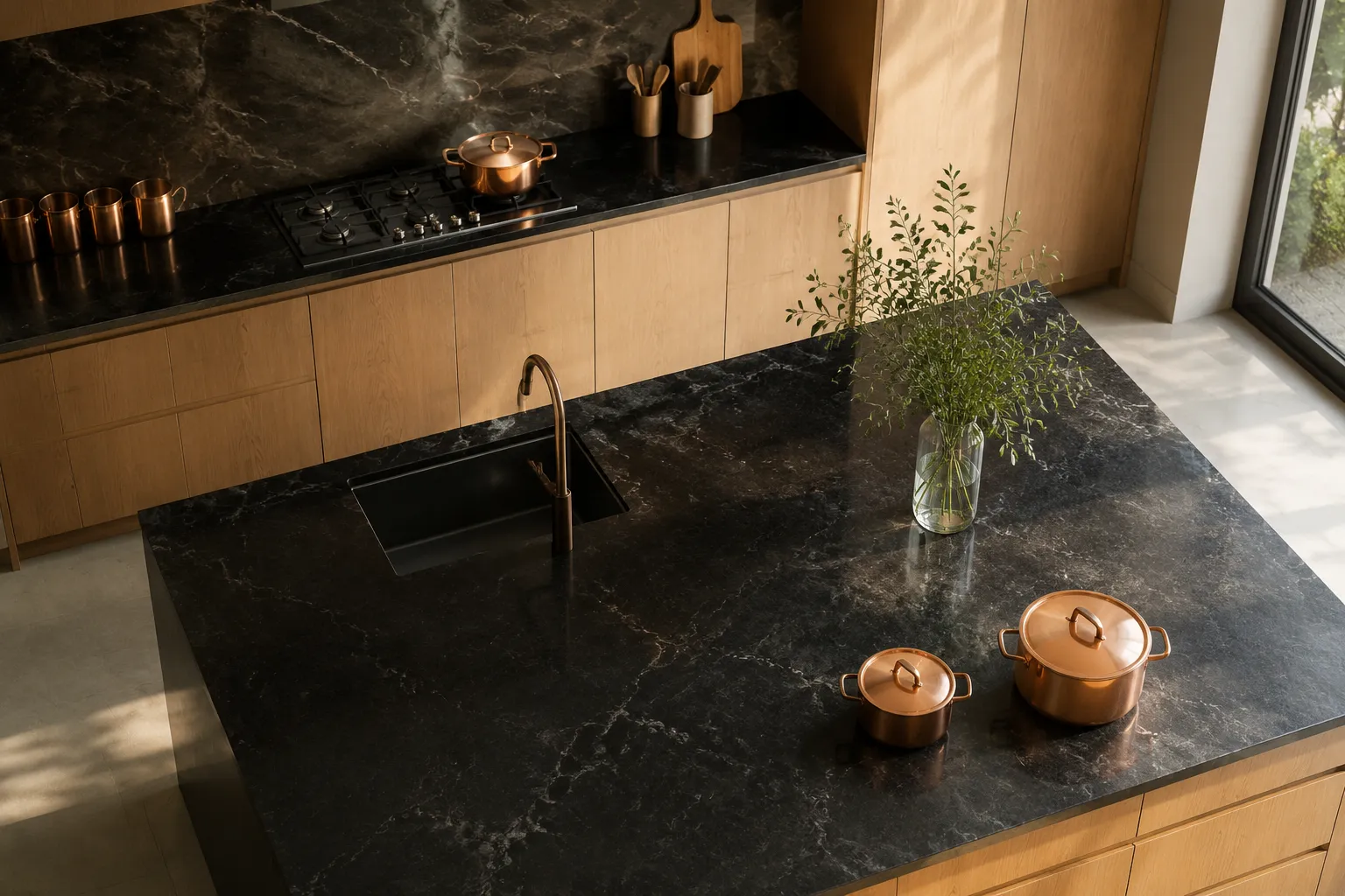 Cuisine moderne avec comptoirs en marbre noir et accessoires en cuivre.