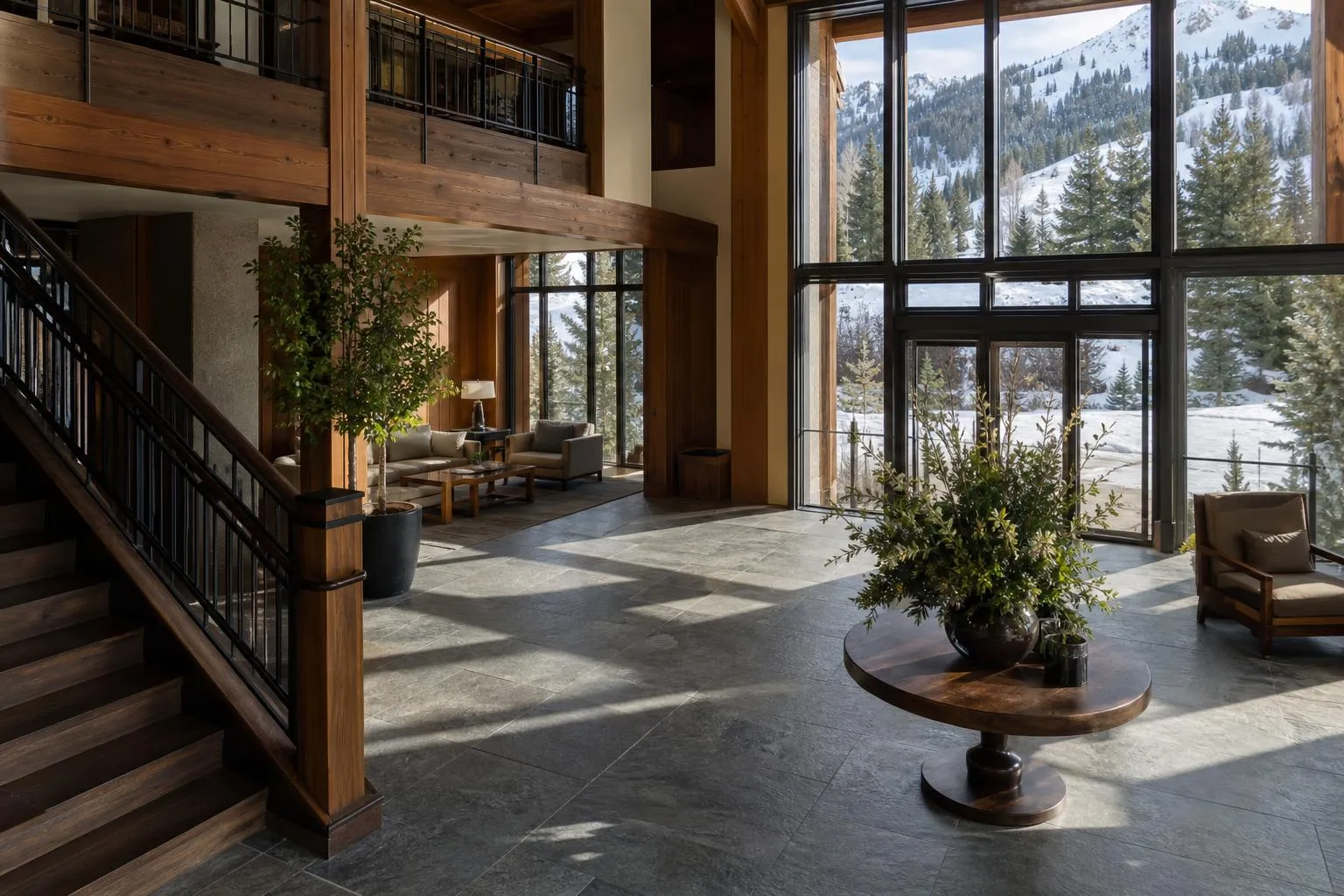 Intérieur élégant d'un chalet de montagne avec vue panoramique.