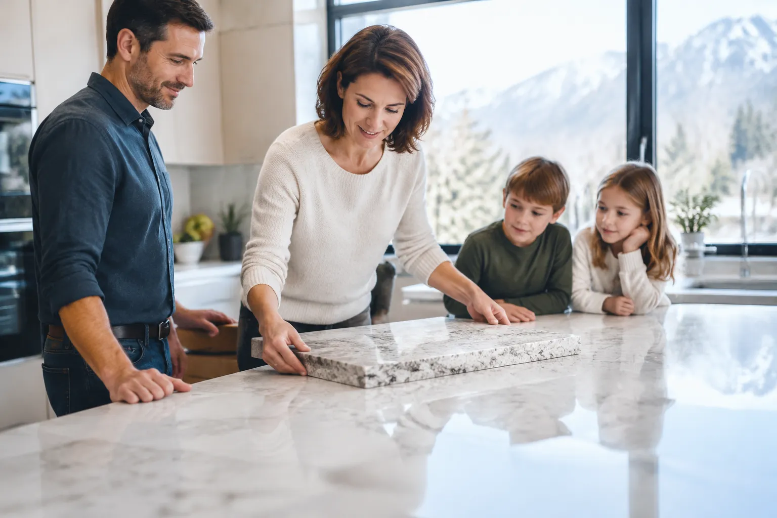 Installation de comptoir en granit suisse dans cuisine familiale, lumière chaude et ambiance naturelle.