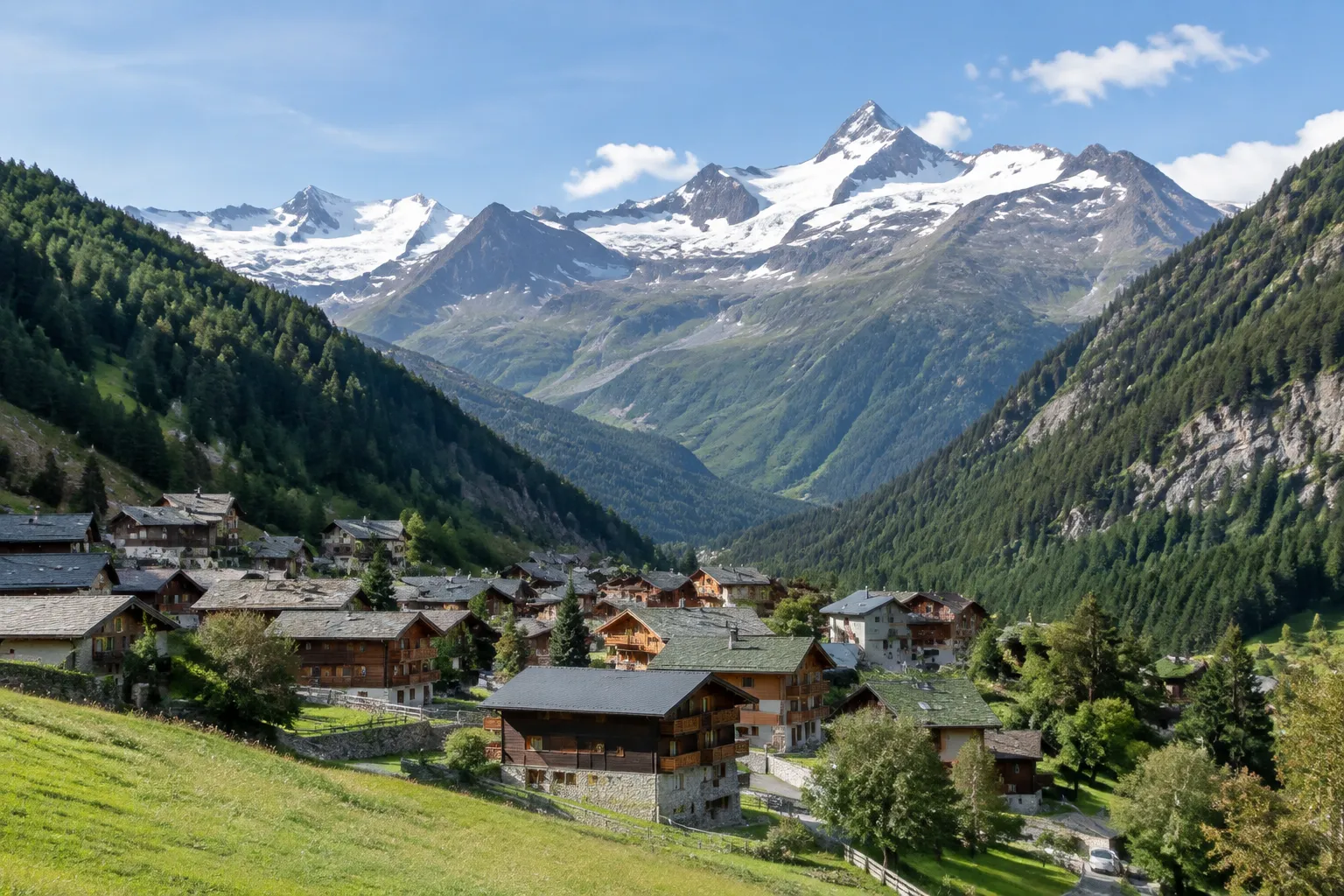 Village alpin savoyard, chalets en bois, montagnes enneigées majestueuses