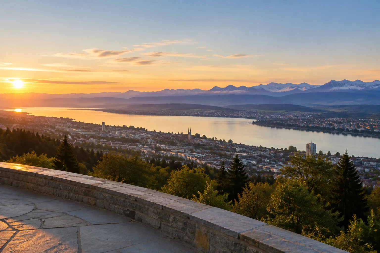 Vue panoramique de Zurich, lac et Alpes au coucher du soleil