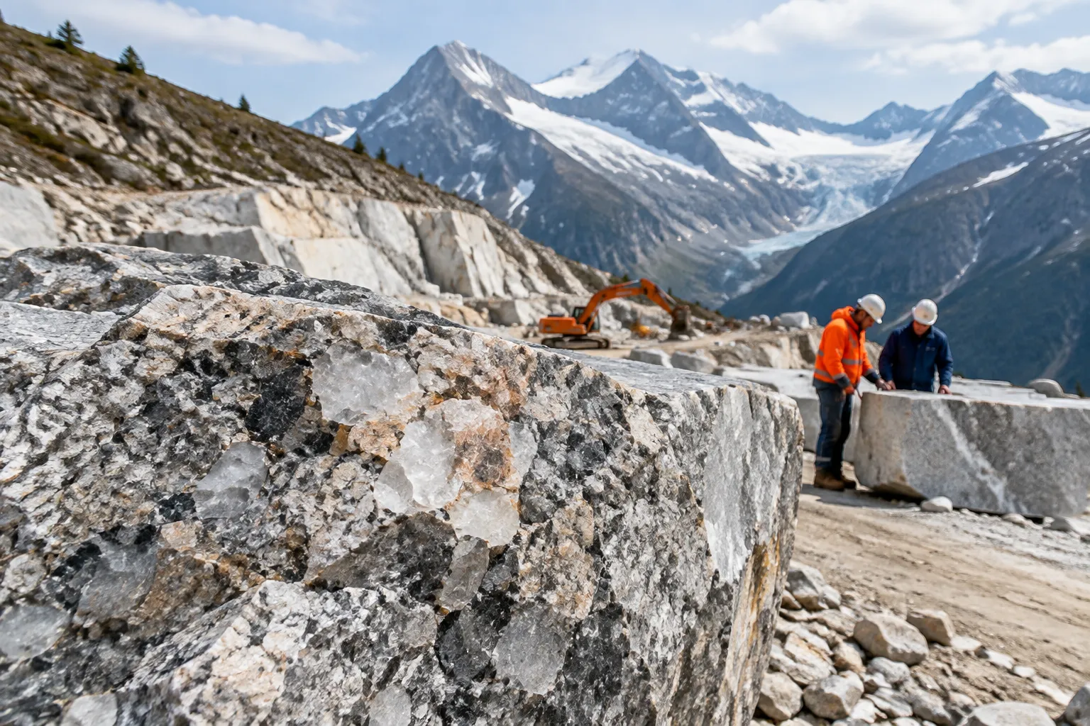 Ouvriers construisant une route alpine devant des glaciers majestueux