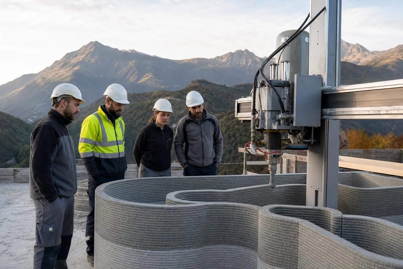 Équipe d'ingénieurs examinant un équipement industriel dans un paysage montagneux.