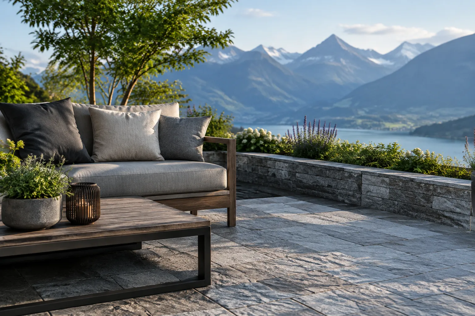 Salon extérieur avec canapé, terrasse et montagnes autour d’un lac