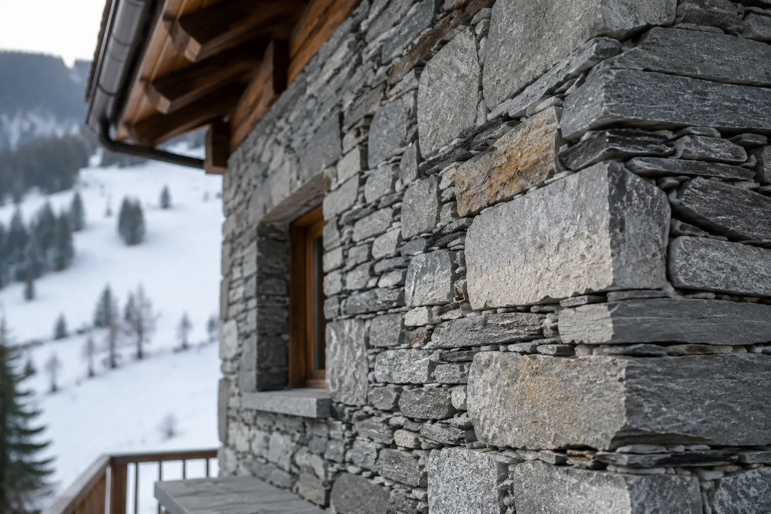 Mur de chalet en pierre face à montagne enneigée