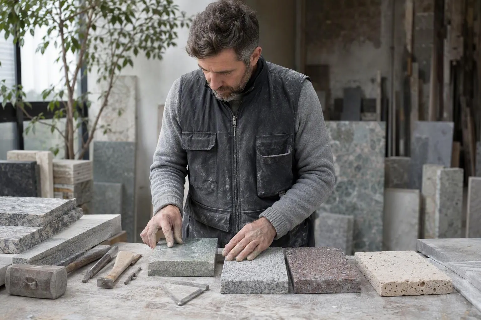 Artisan examine des dalles de pierre dans un atelier.