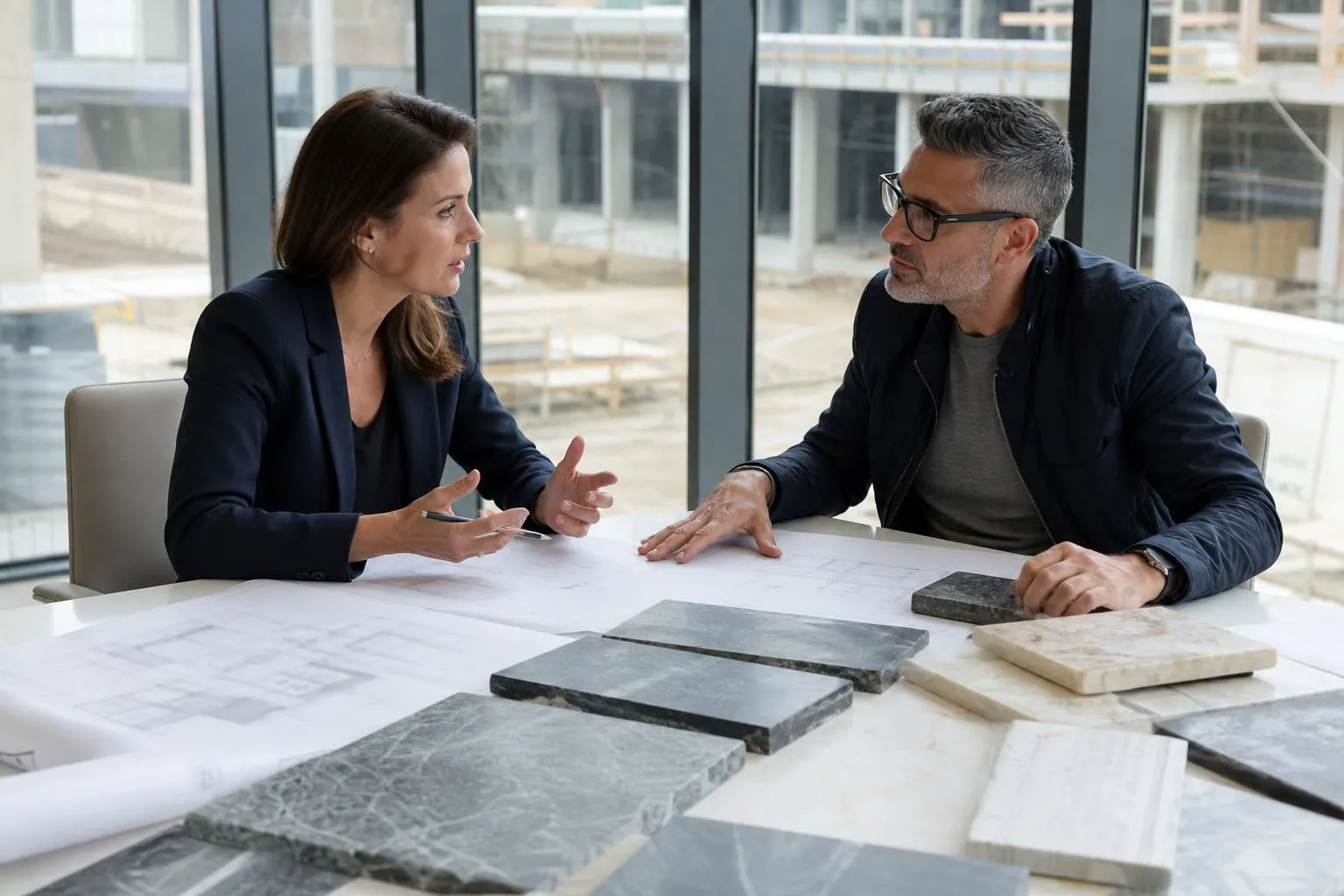 Deux professionnels discutent autour d'un bureau avec des échantillons de matériaux.