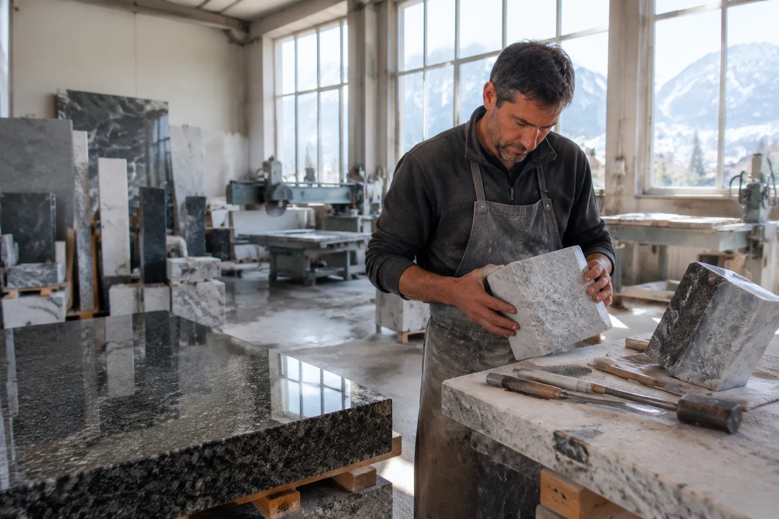 Tailleur de marbre suisse dans atelier, travaillant un bloc de granit avec outils traditionnels.