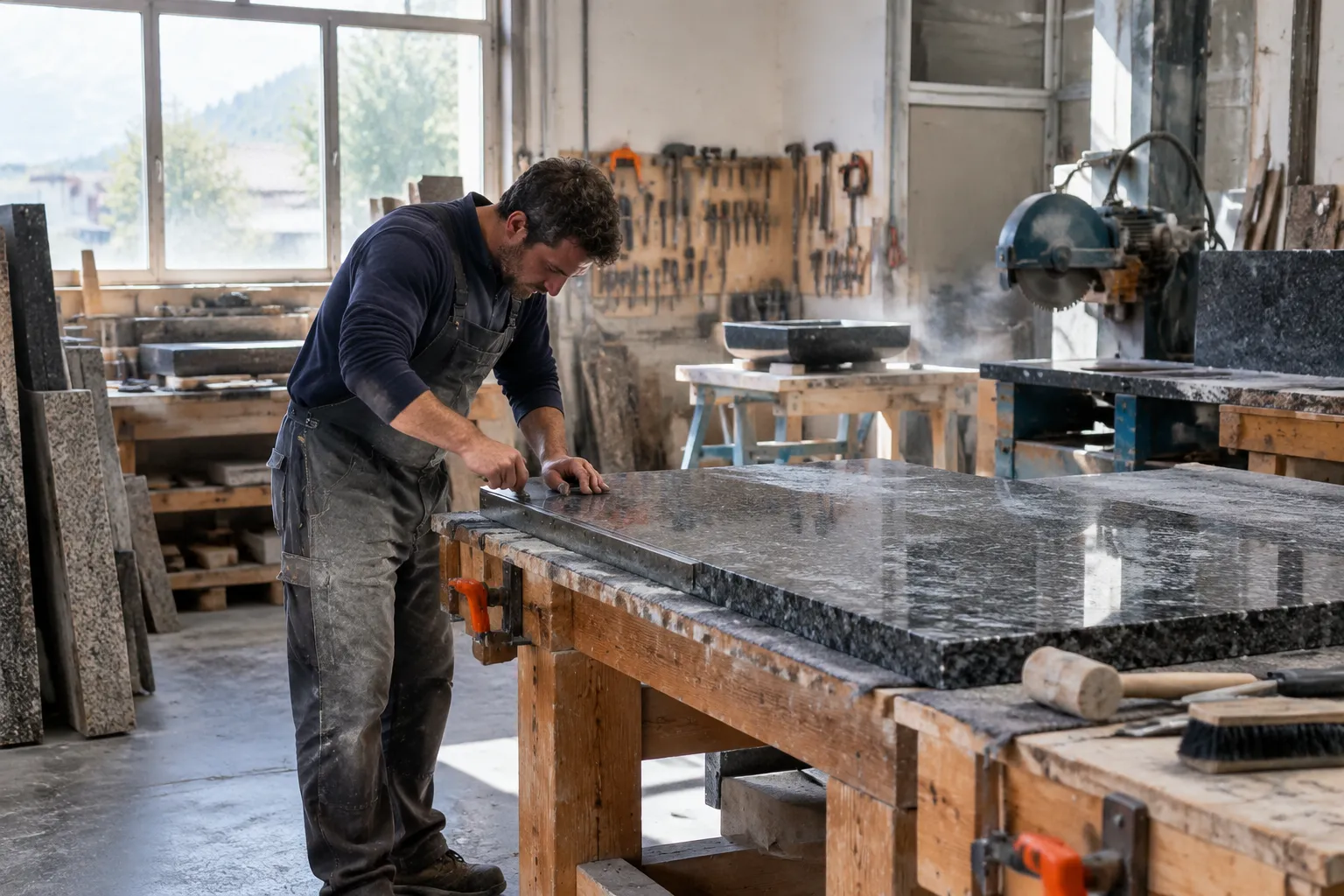 Tailleur de pierre polissant une dalle de granit en atelier.