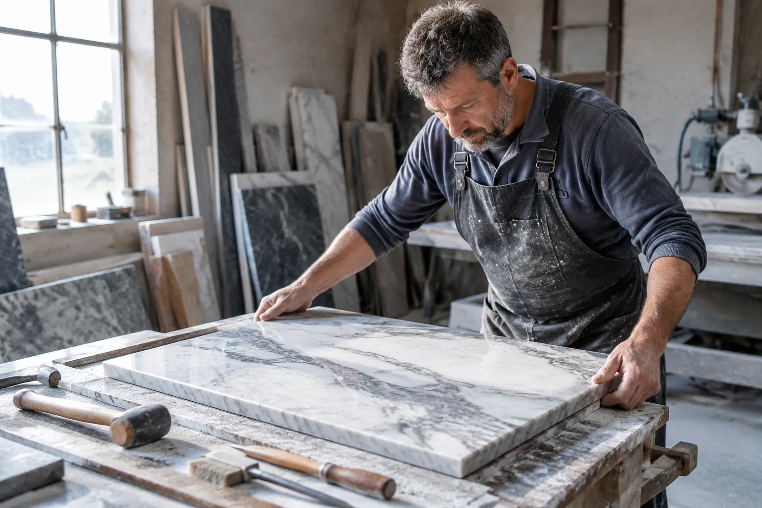Artisan posant une dalle de marbre dans son atelier